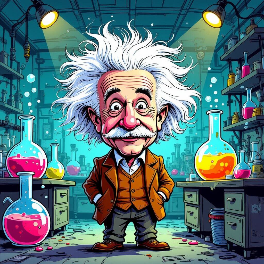 Einstein Caricature With Giant Brain and Wild Hair