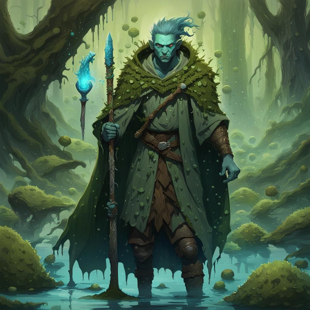 Water Genasi Druid, Covered in Swamp Muck, Holding Evil Spik...