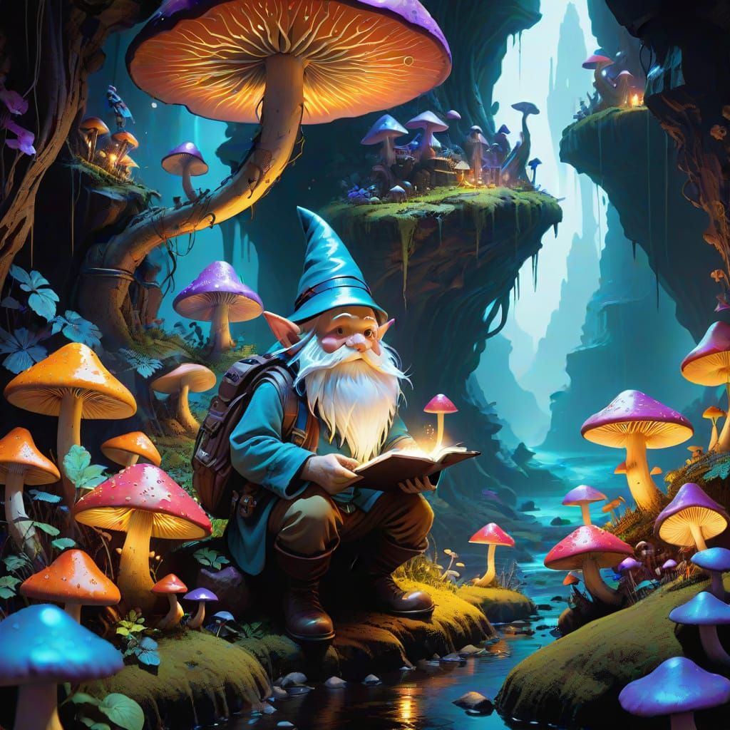 Mystical Gnome Alchemist in Dreamlike Bioluminescent Realm