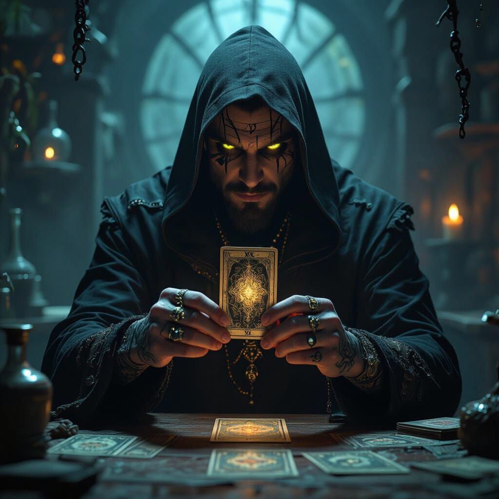 Mysterious Tarot Reader in Gothic Lab with Glowing Tattoos
