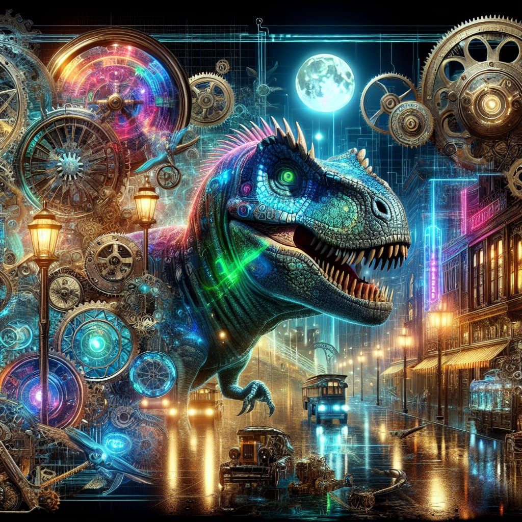 Surreal Steampunk Hologram Dinosaur Amidst Neon Cityscape