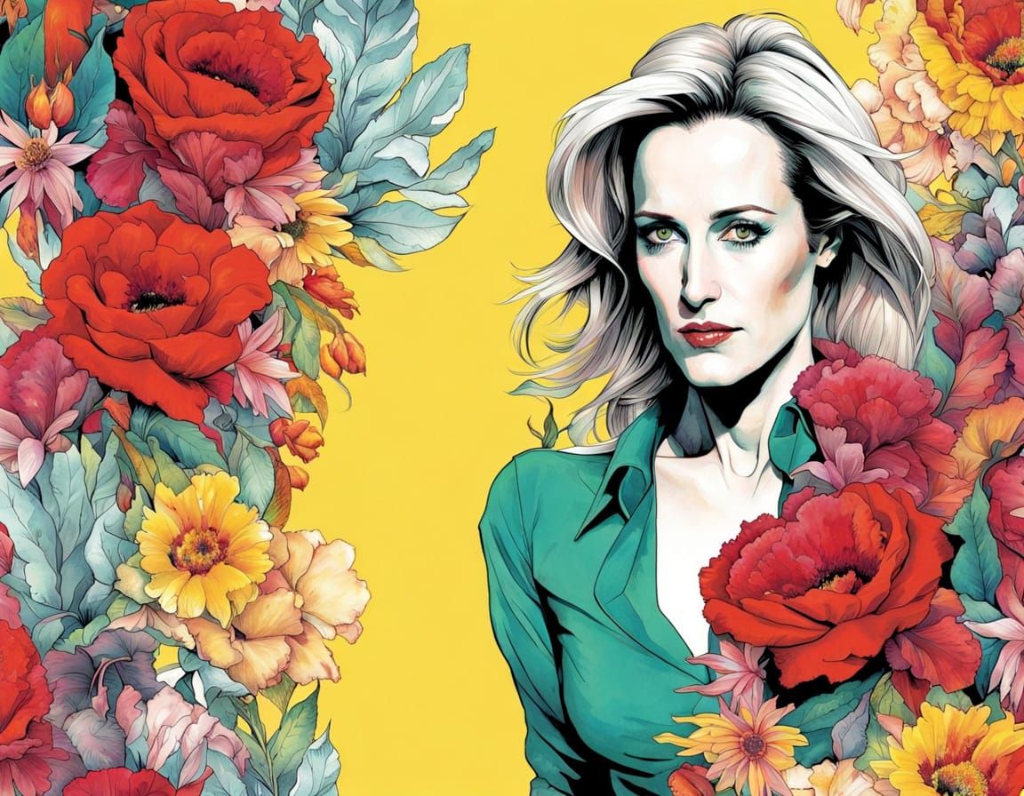 Gillian Anderson as Seductive Gardener in Vibrant Tie-Dye