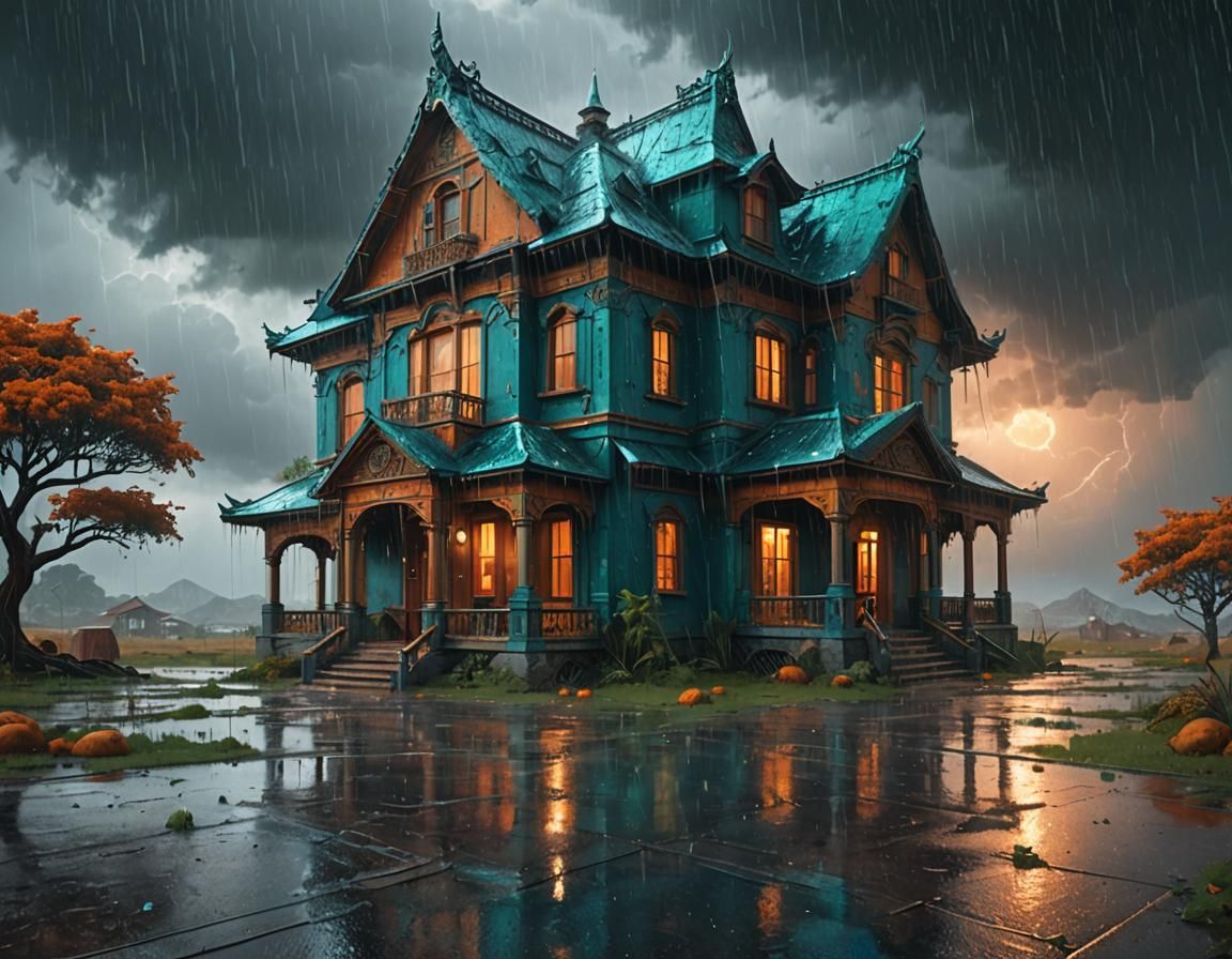 Grand, Intricately Detailed House in a Deserted, Drenched La...