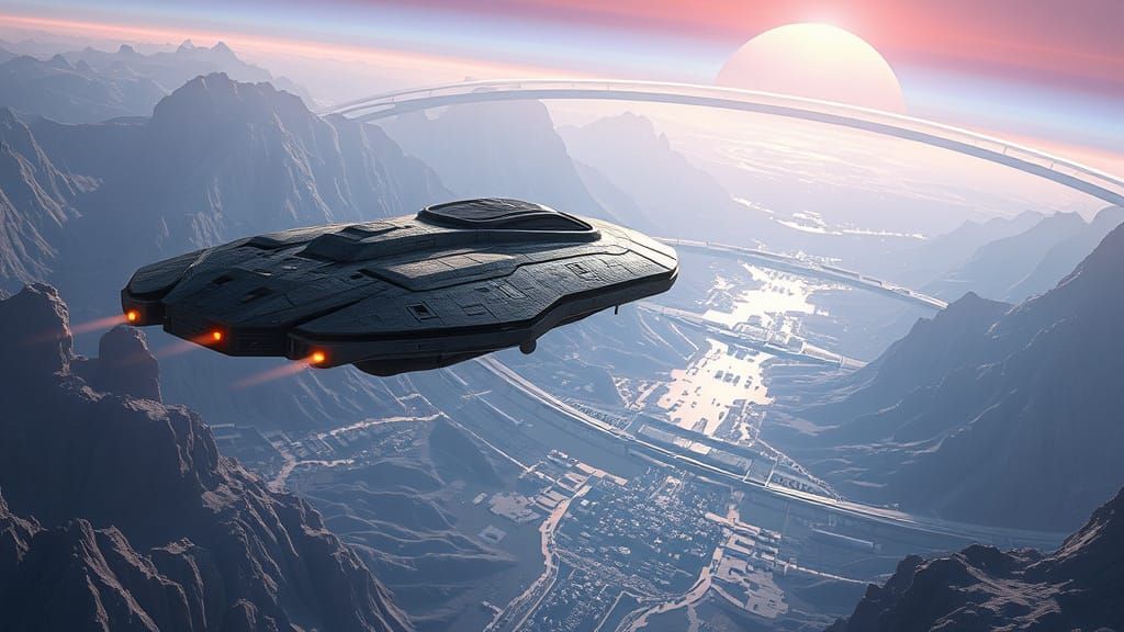 Starship Glides Silently Along Ringworld's Rim