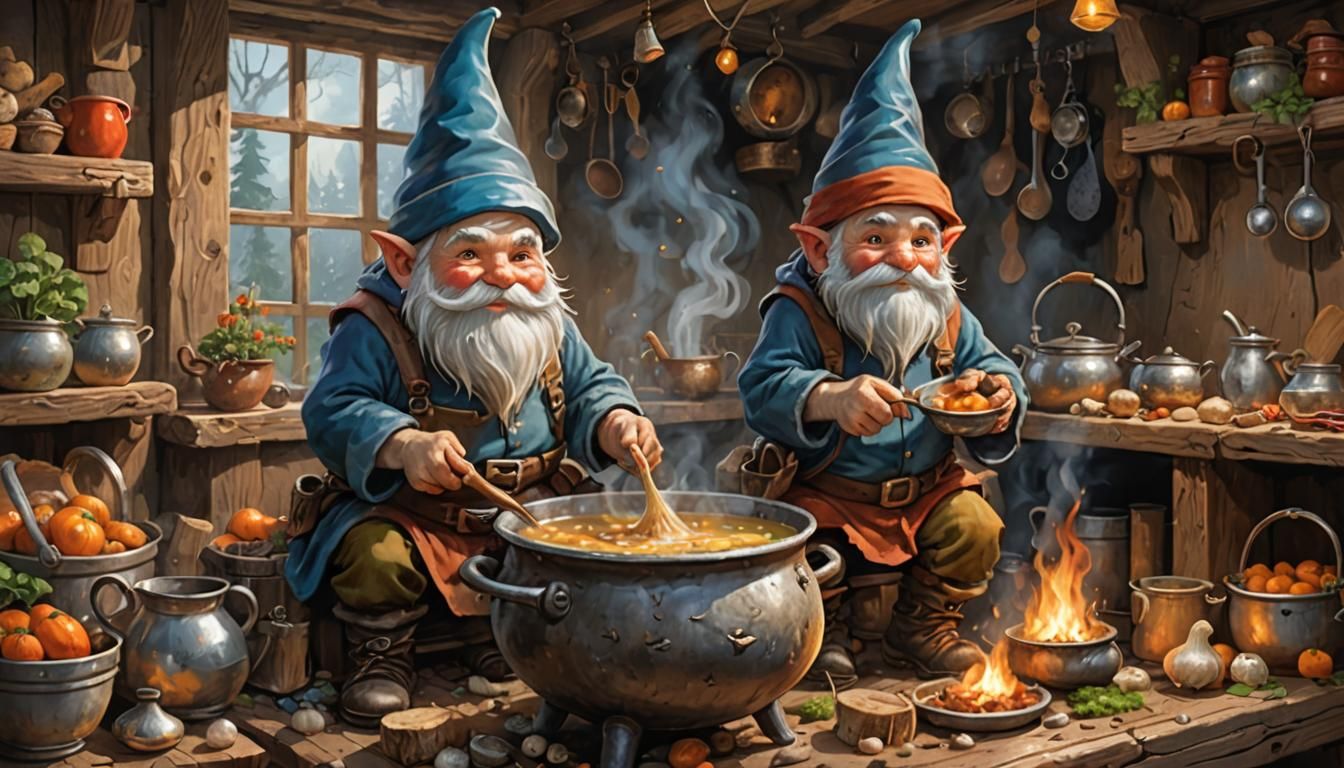 Gnome Prepares a Hearty Soup in a Cozy Kitchen
