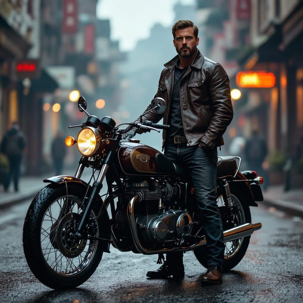 Man and Classic Motorcycle Ready to Ride