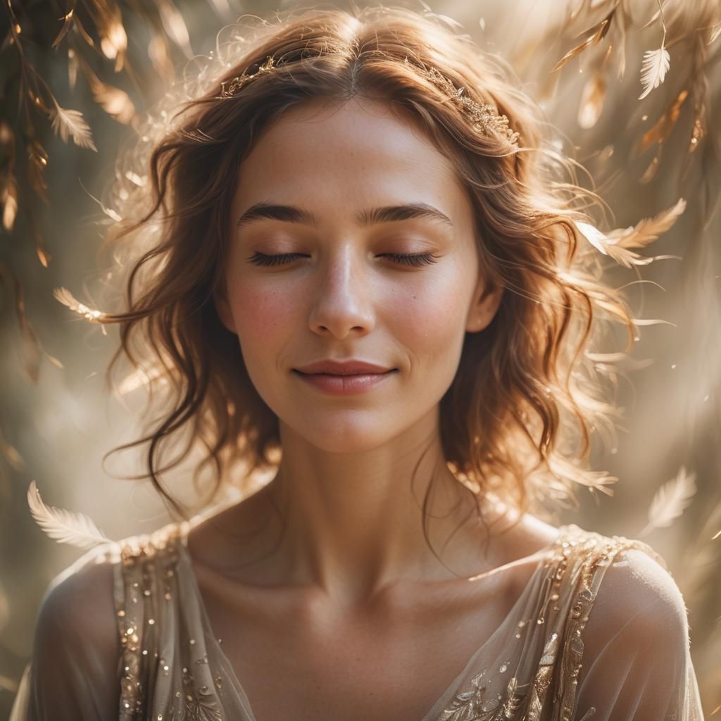 Ethereal Portrait of Smiling Woman in Dreamy Aura