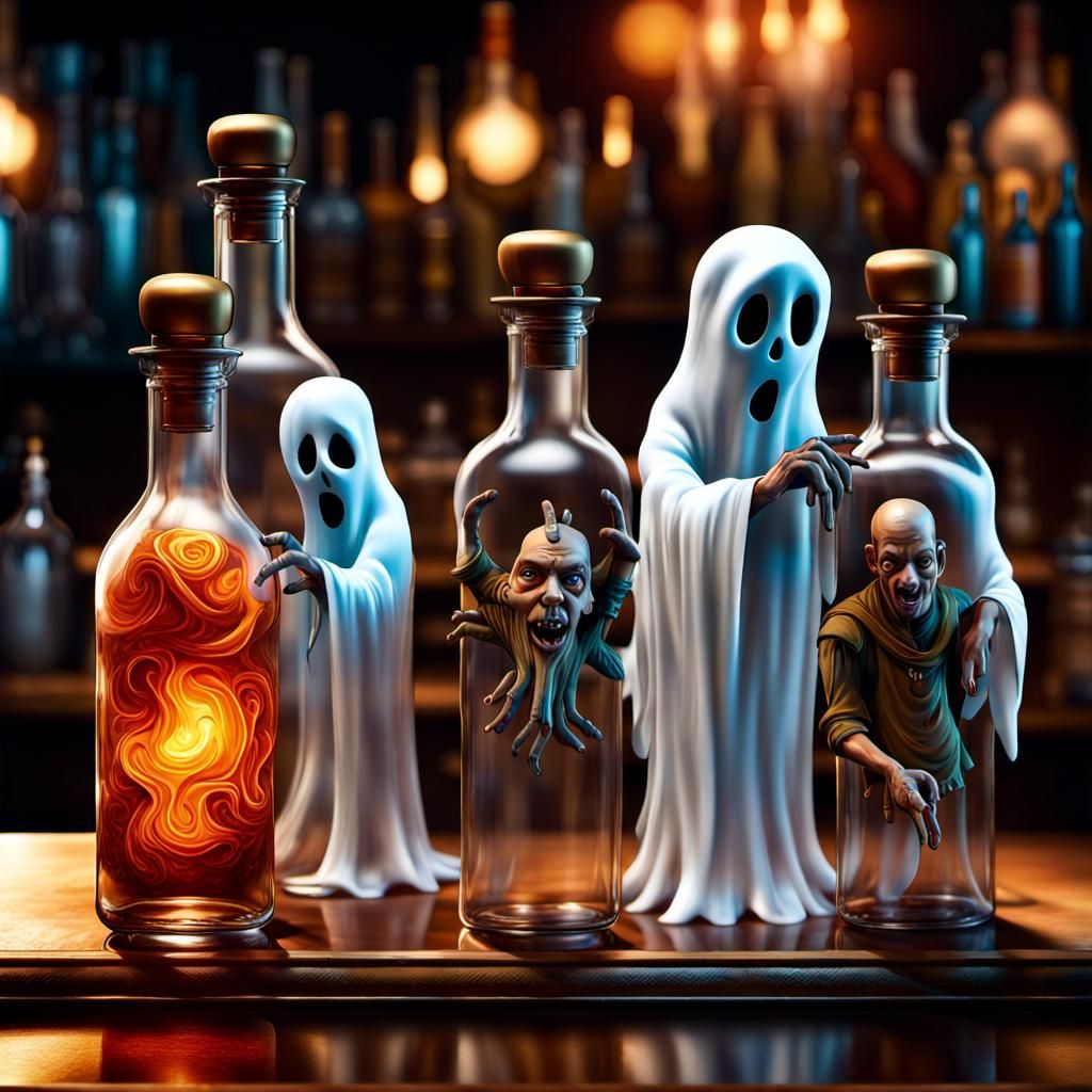 Spirits Trapped in Bottles as Devil Bartender Pours with Int...