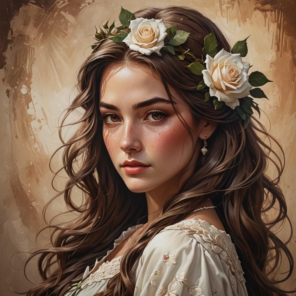 Young Woman in Elegant Gown with White Rose