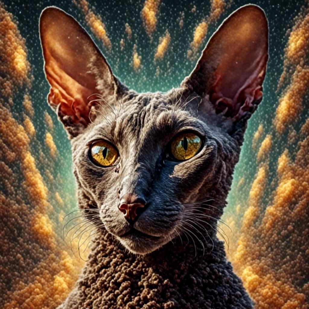 Surreal Macro Portrait of a Majestic Cornish Rex Cat