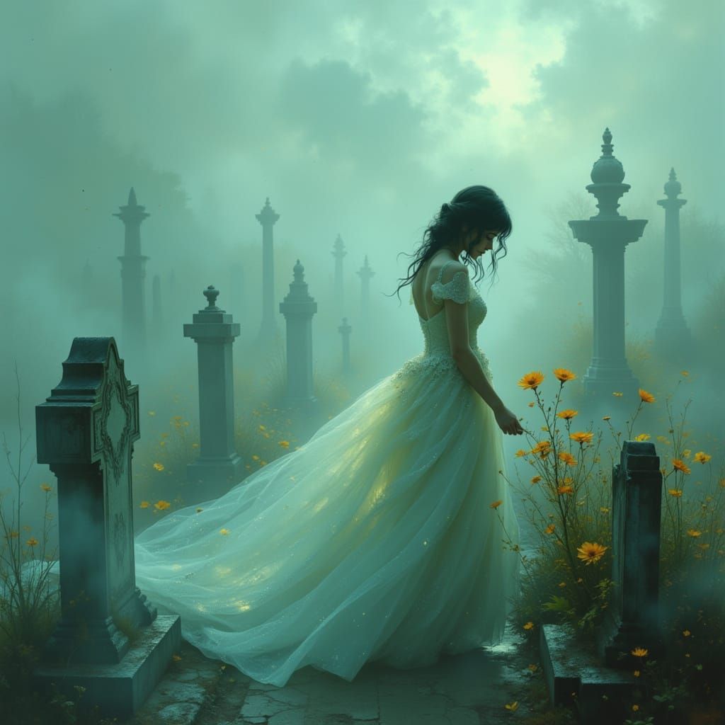 Melancholic Glamour: Woman Places Flower on Grave in Fog