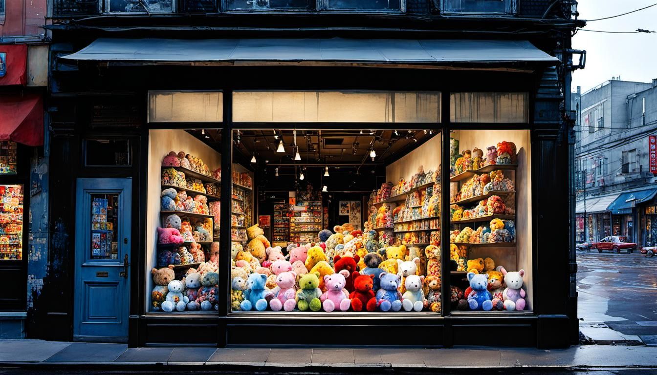 Whimsical Toy Store Window Scene in Delicate Watercolor