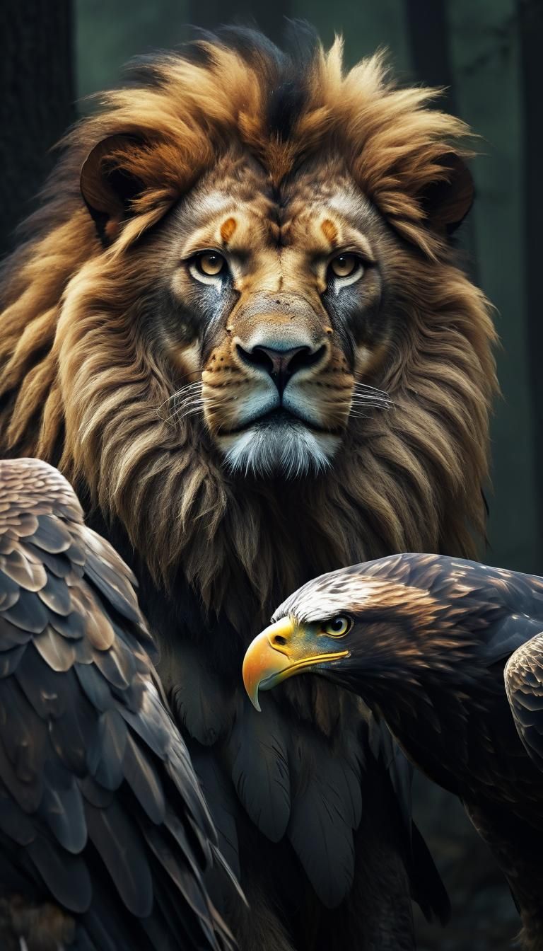 Ghostly Lion Eagle Fusion Unveils Haunting Beast