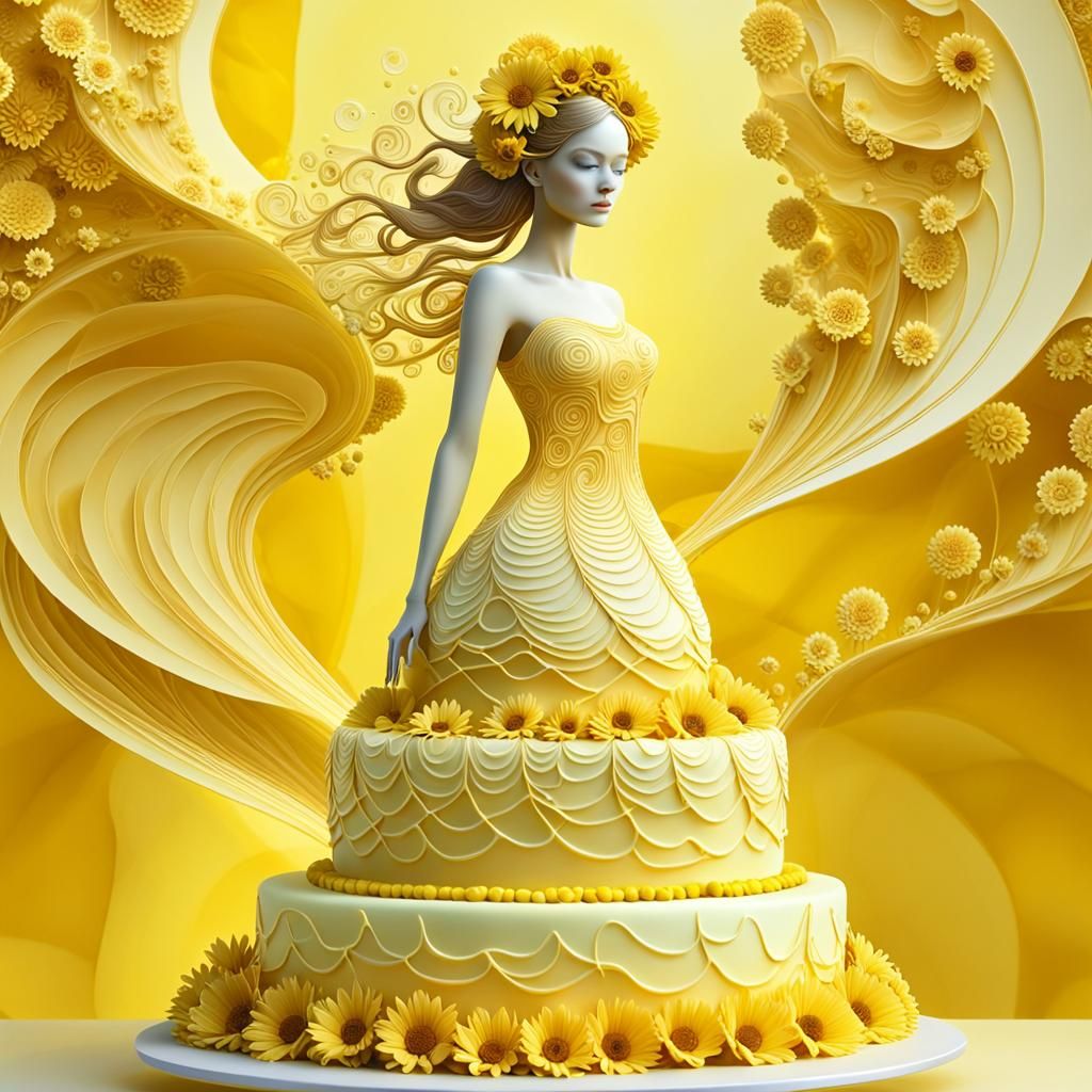 Vibrant Yellow Woman Embraces Birthday Cake in Sunny Garden