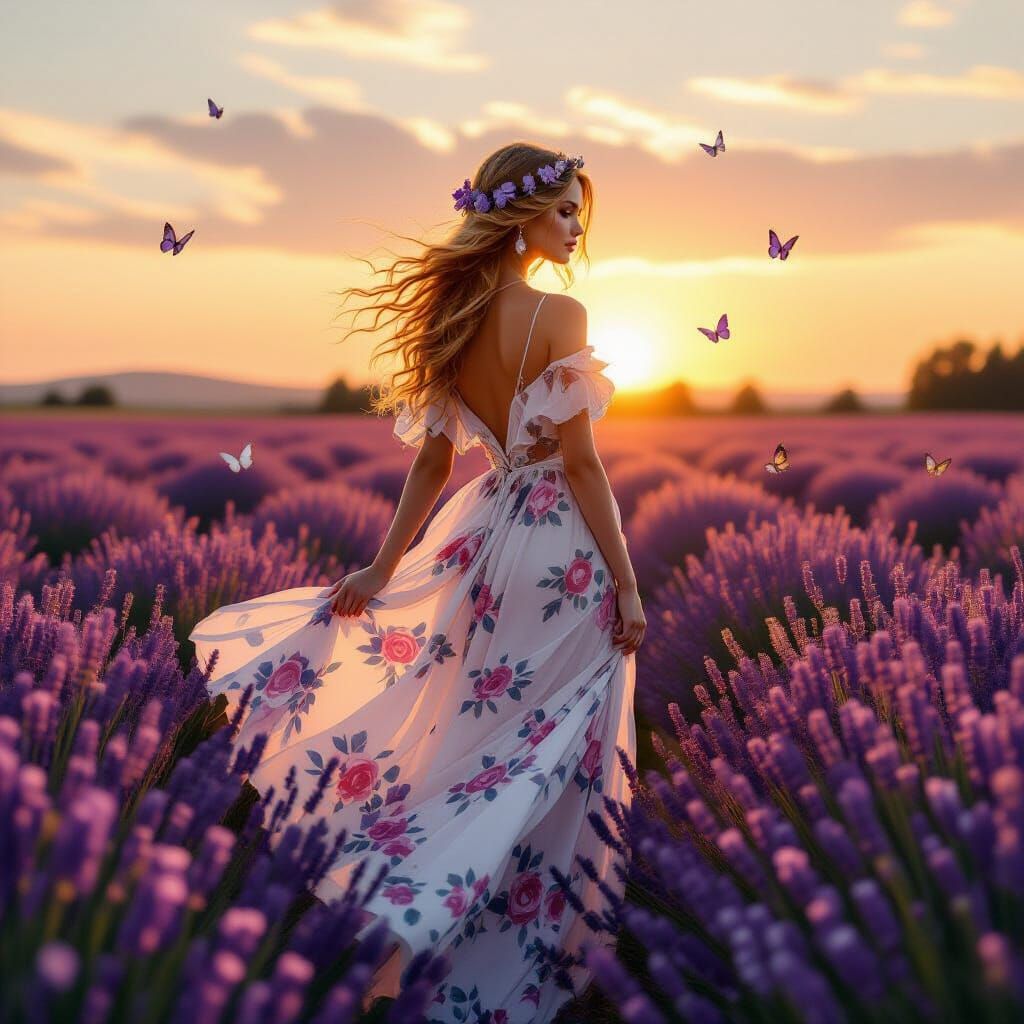 Golden Haired Woman in Lavender Field, Art Nouveau Style