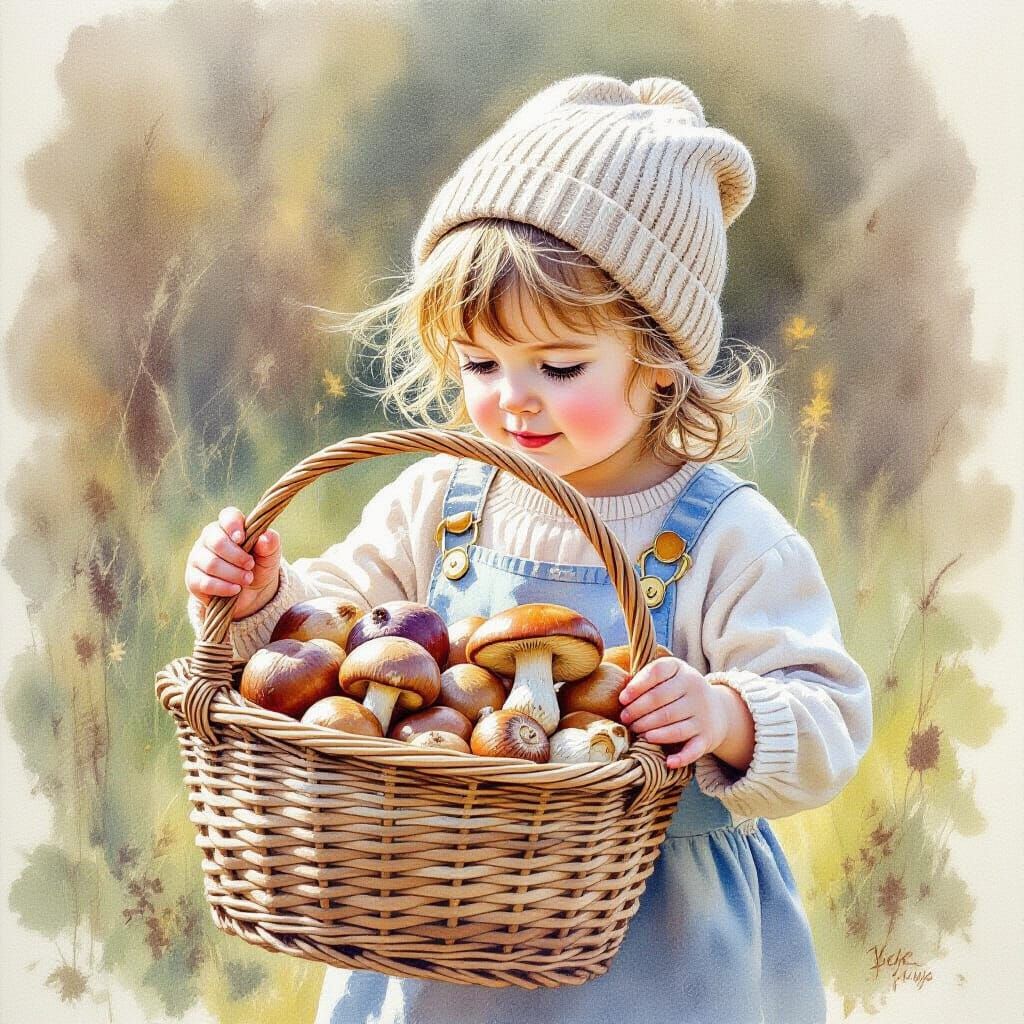 Child Gathering Chestnuts and Mushrooms in Basket, Realistic...