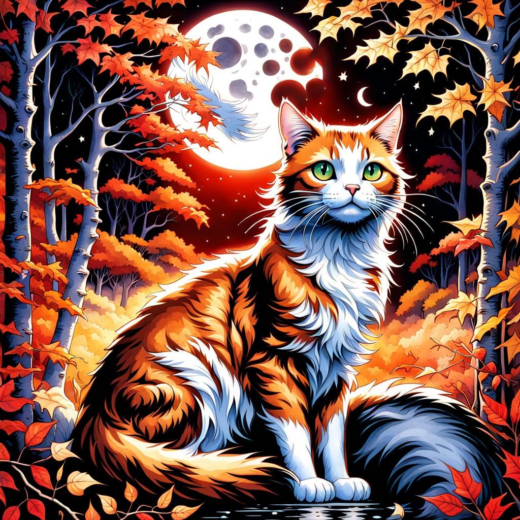 Ethereal Autumn Nightscape in Whimsical Watercolors