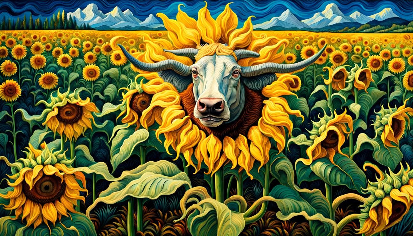 Surreal Yellow Bull in a Van Gogh-Inspired Sunflower Field