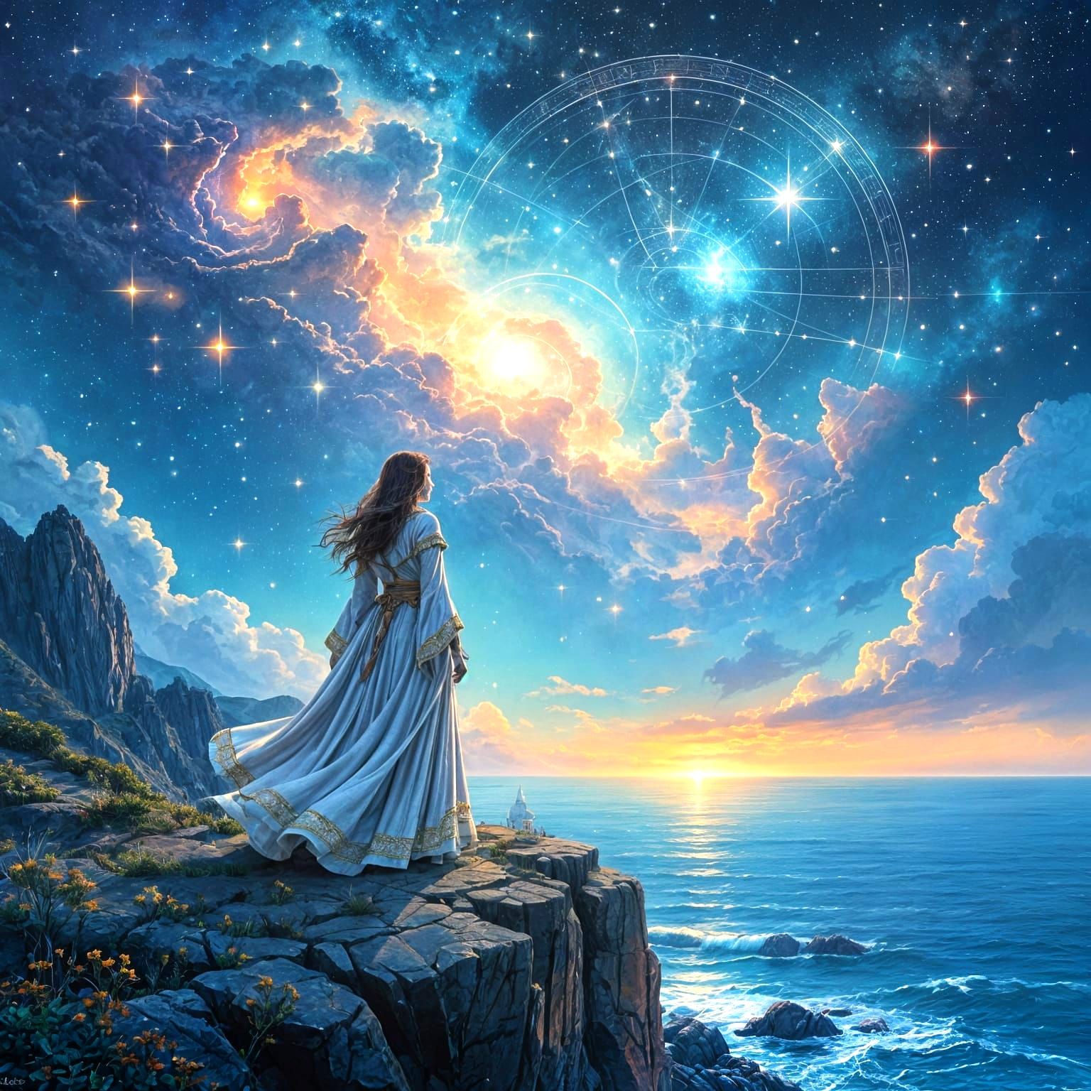 Medieval Woman Gazes at Celestial Map Above Lighthouse