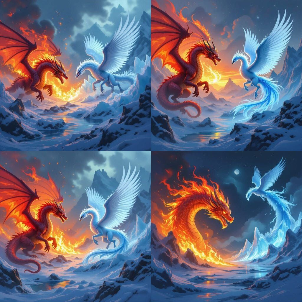 Fire vs Ice Battle in Fantastical Landscape