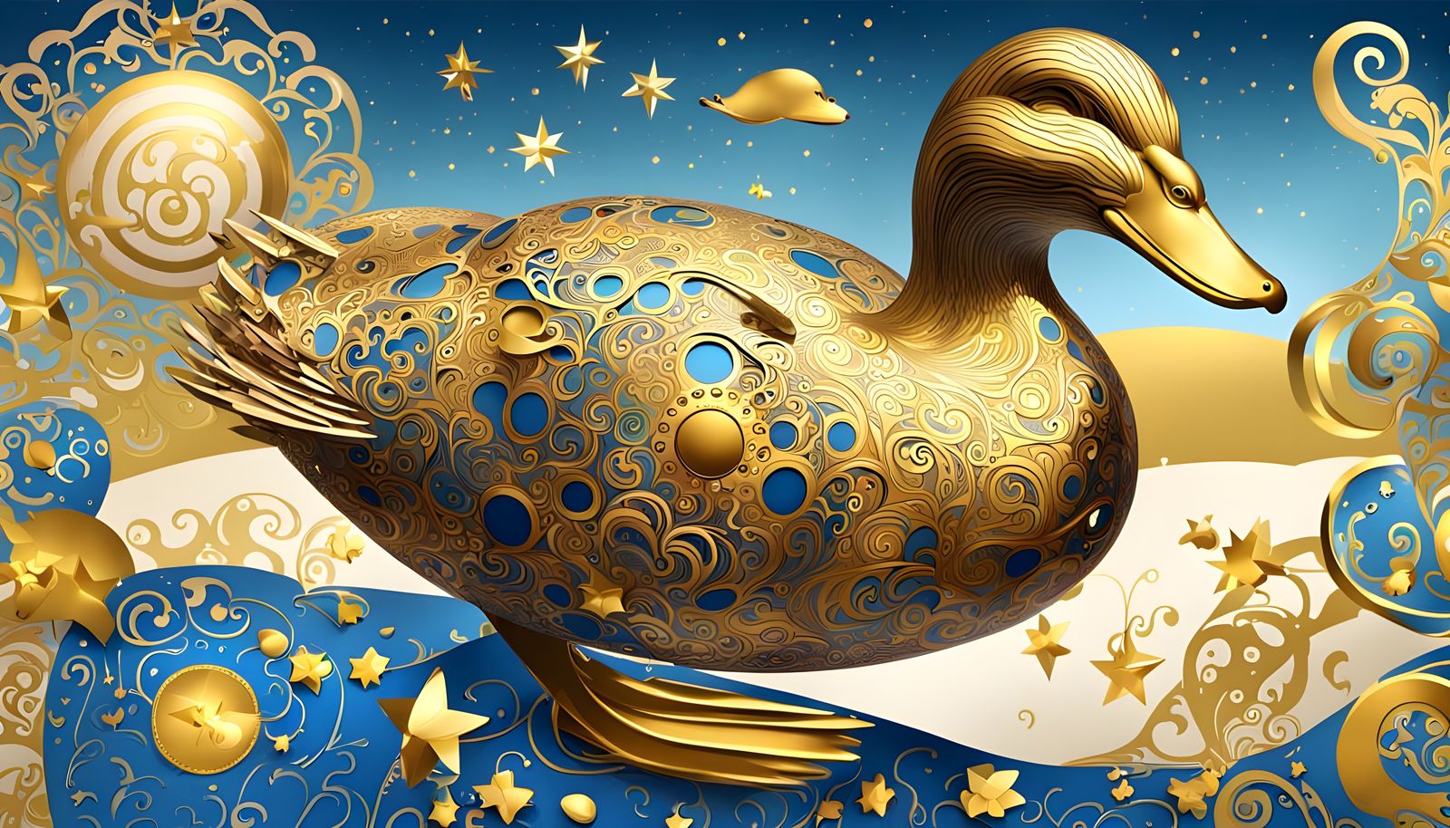 Luxurious Gold Duck in a Blue Art Nouveau Sky