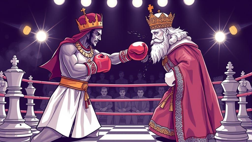 Cyberpunk-Style Chess Match Showdown in a Dark Boxing Ring