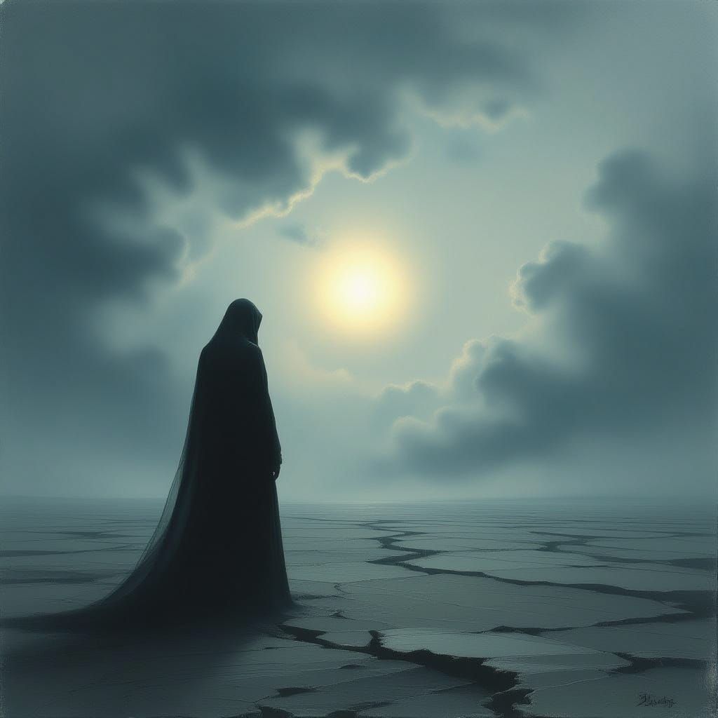 Solitary Figure on Desolate Plain in Ethereal Light