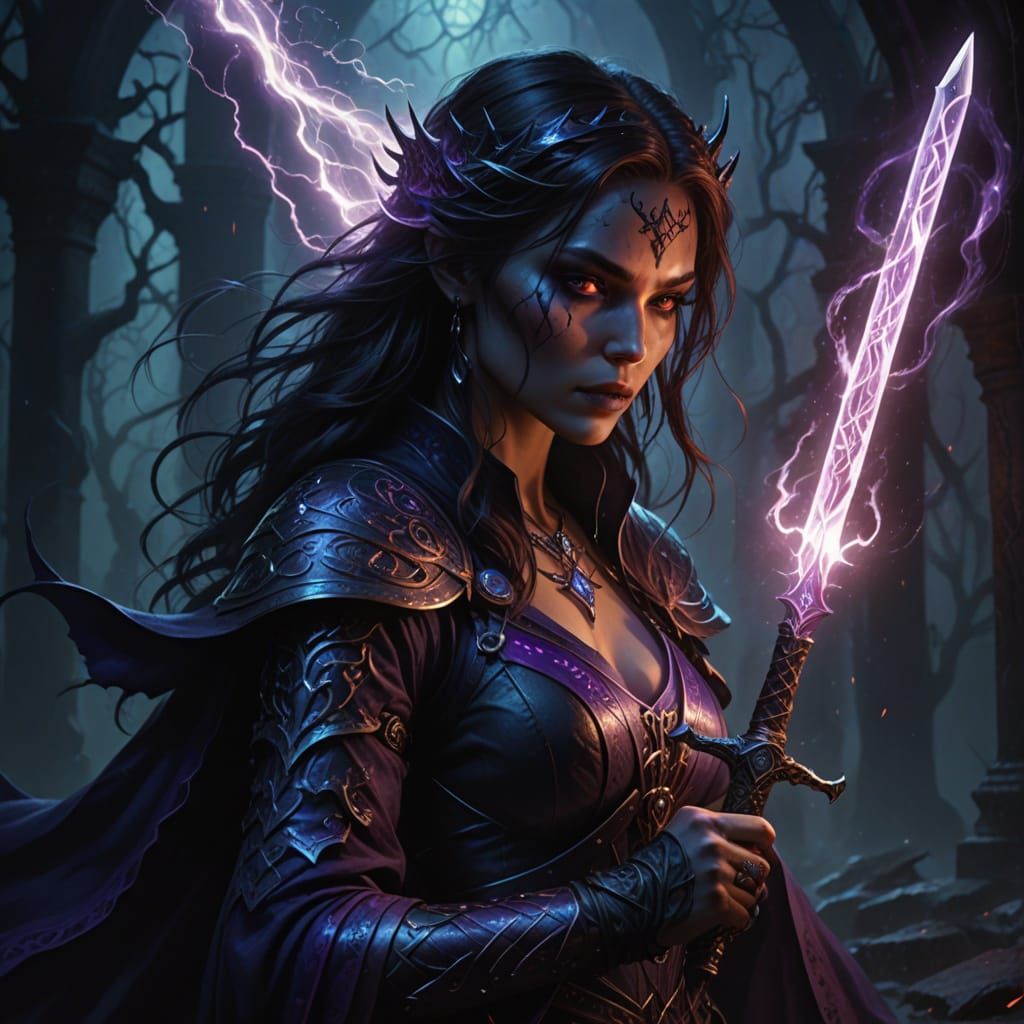 Dark Fantasy Sorceress Wields Magic Sword in Swirling Energy