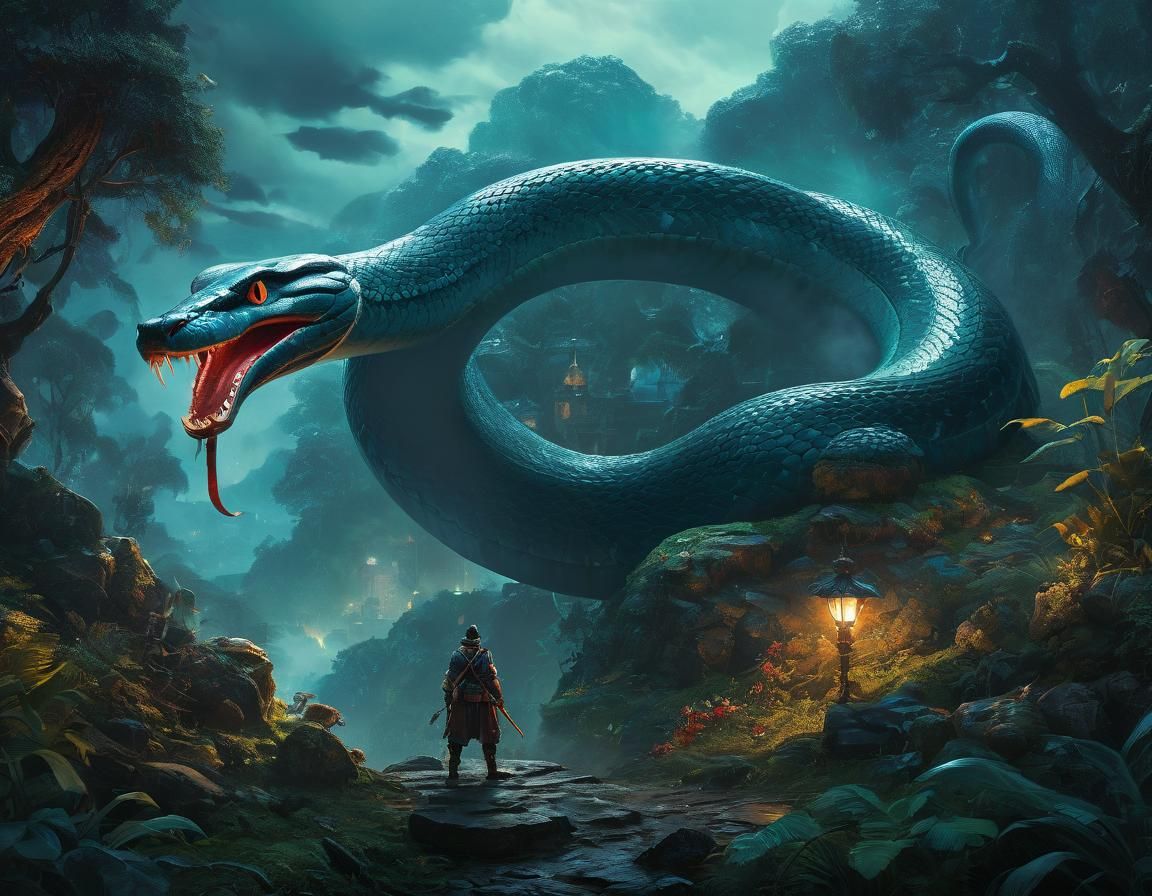 Elegant Fantasy Art: Adventurer Battles Shimmering Snake