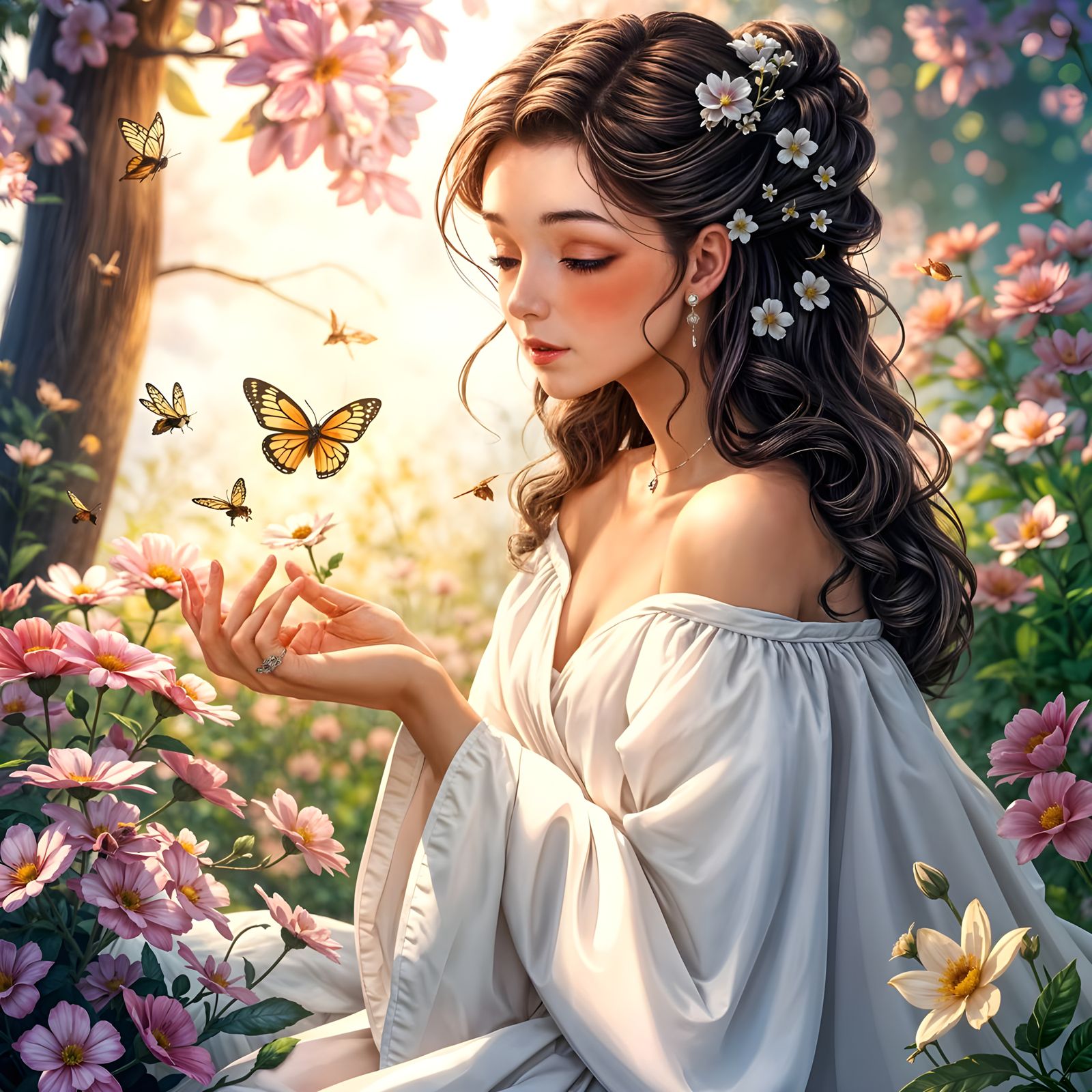 Elegant Girl in Cosmic Anime Style Amidst Vibrant Blooms