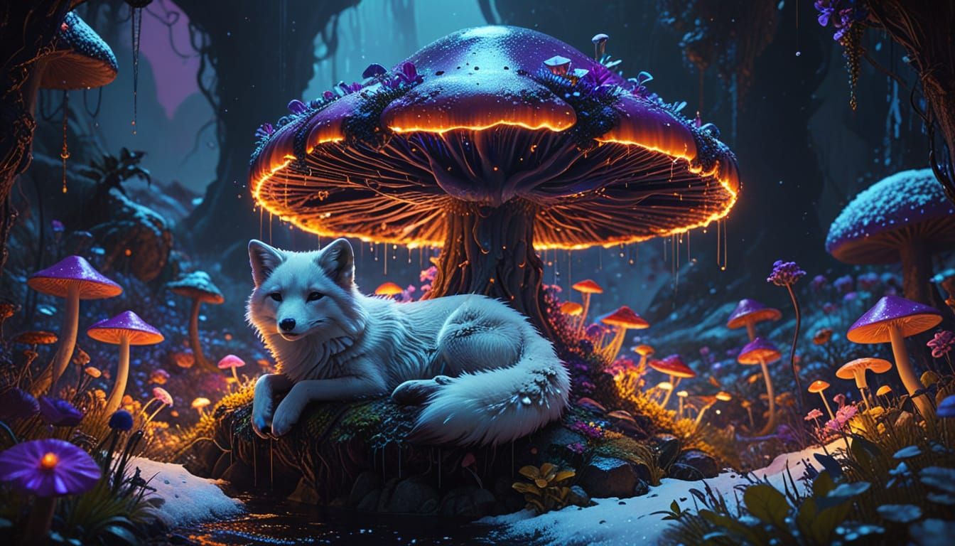 Surreal Arctic Fox Surrounded by Neon Blooms
