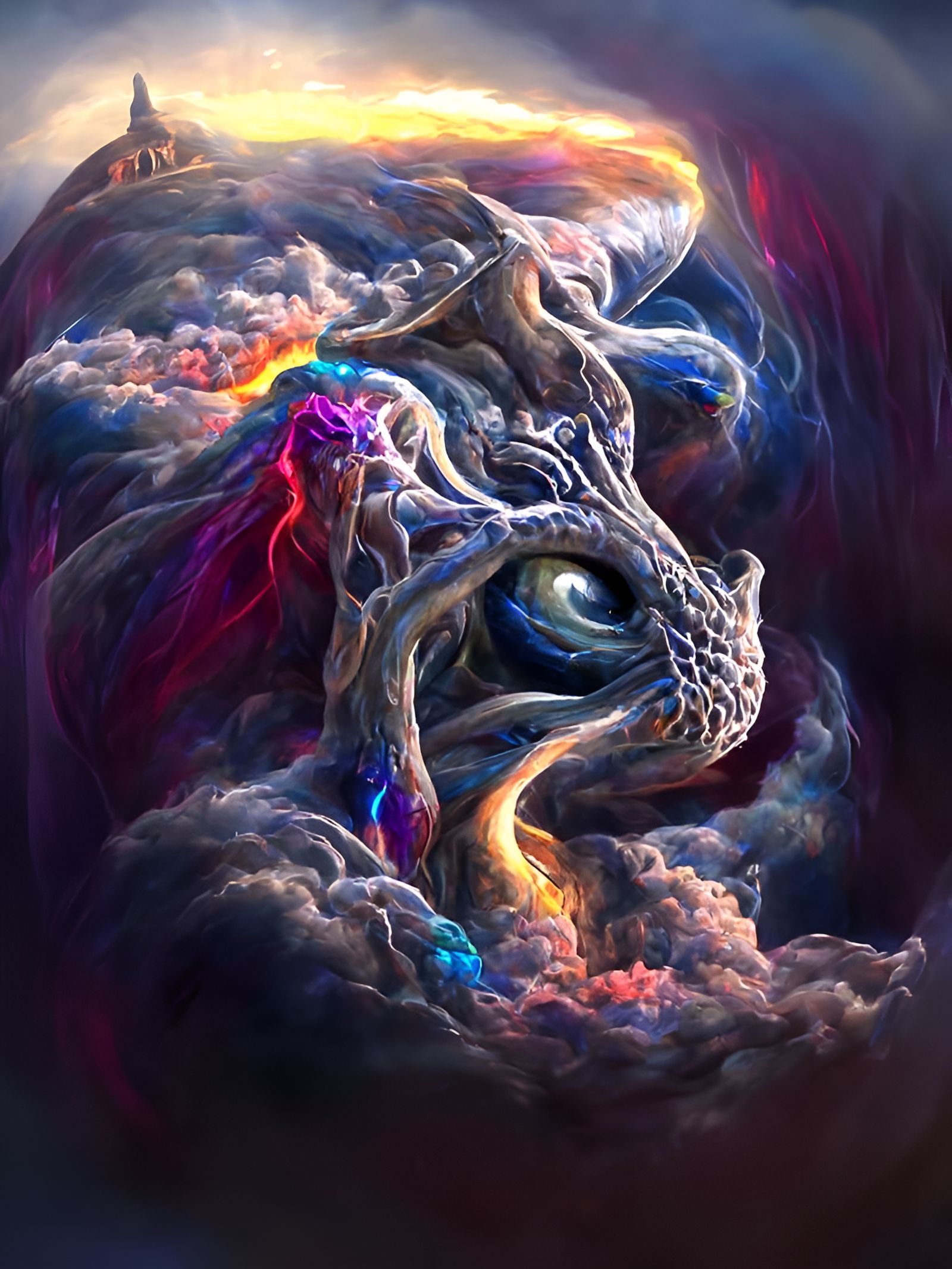 Ethereal Dragon God in a Vibrant, Psychedelic City