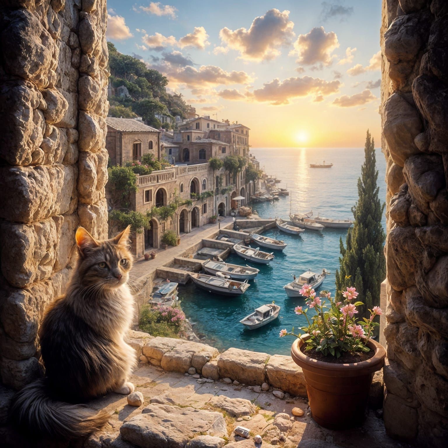 Mediterranean Harbor at Night in Dreamy Pastel