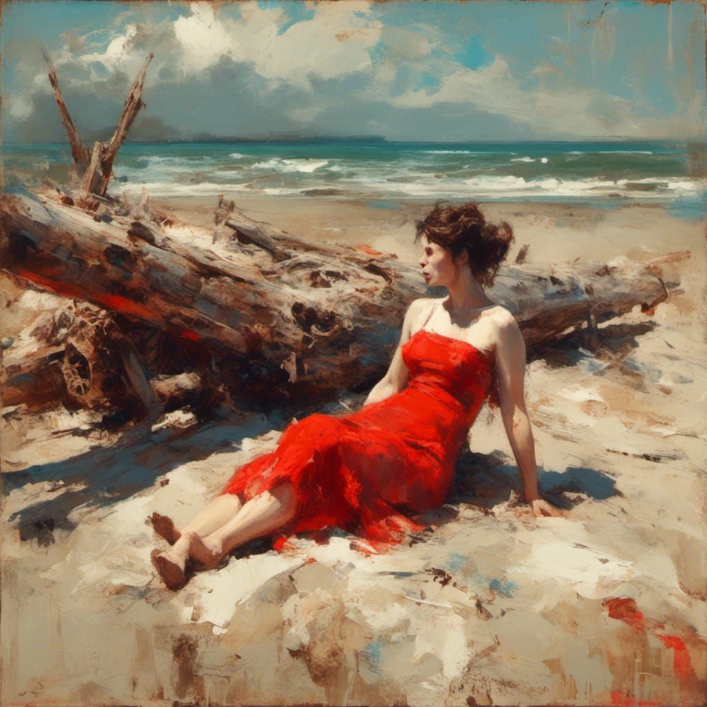 A Macabre Beach Scene in Bold Acrylic Brushstrokes