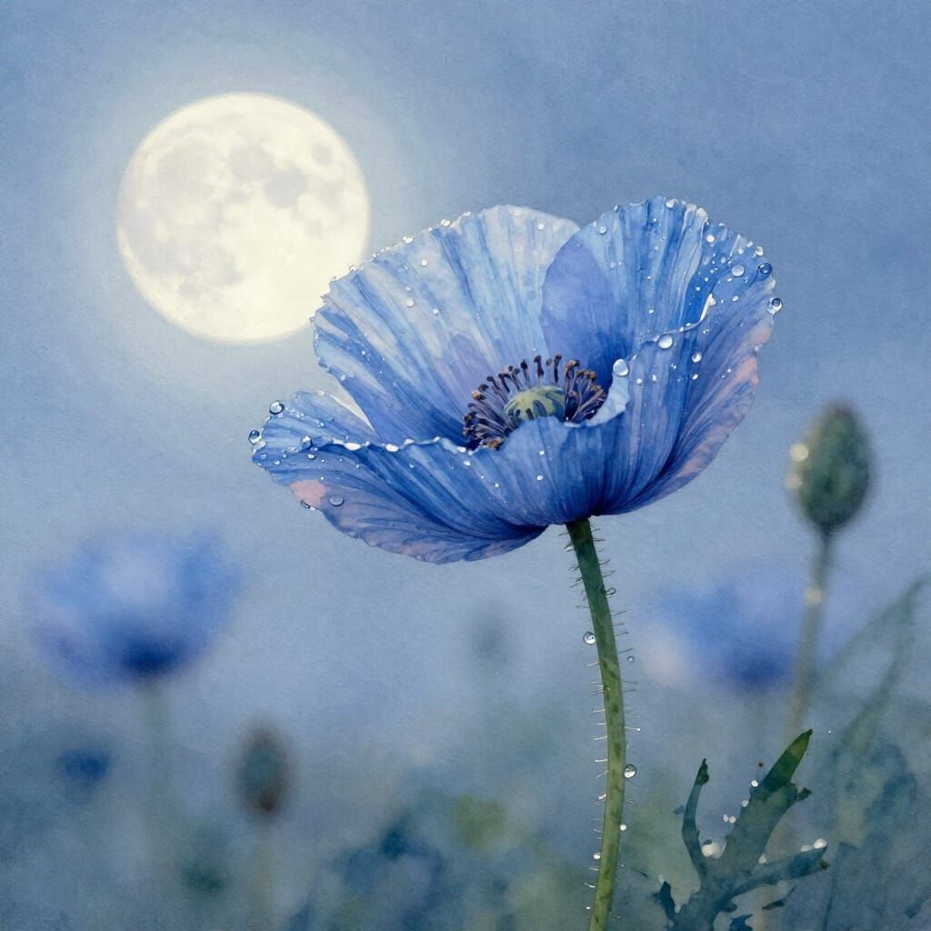 Blue Poppy in Moonlight Watercolor Painting