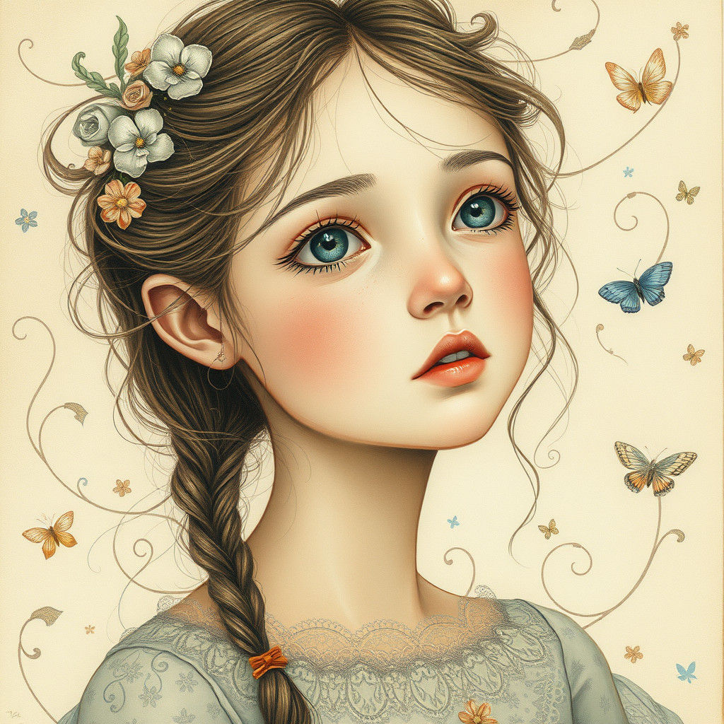 Whimsical Porcelain Woman in Dreamlike World