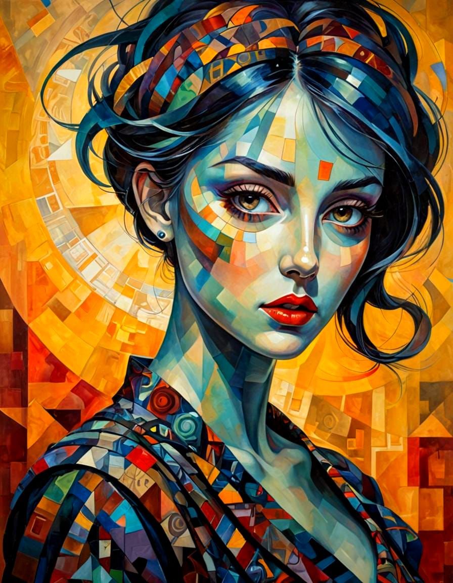 Woman in Cubist-Surrealist Style with Vibrant Colors