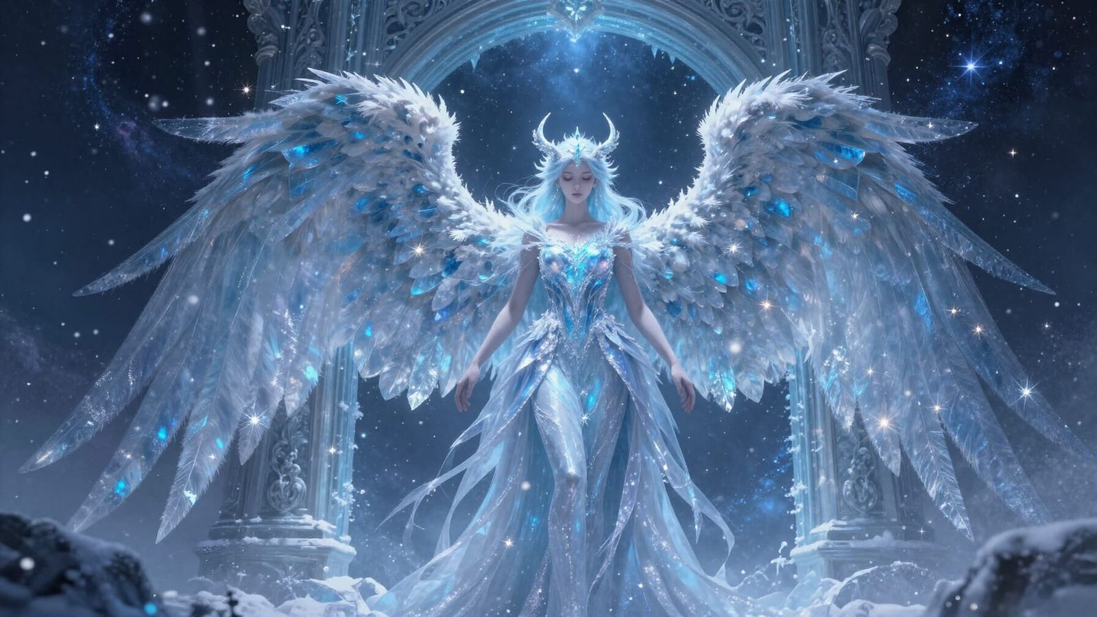 Majestic Ice Angel Guards Cosmic Gateway
