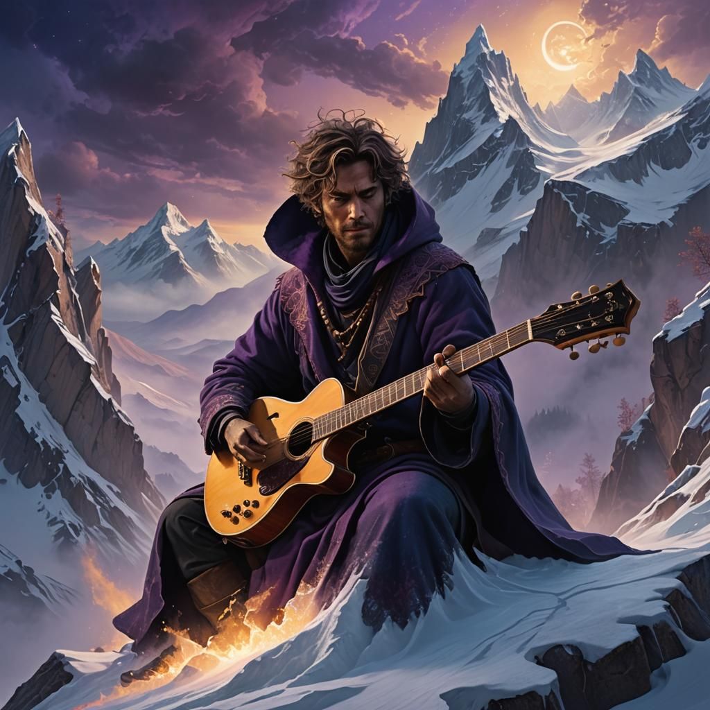 Ethereal Guitarist Conquers Icy Peak in Fantasy Concept Art
