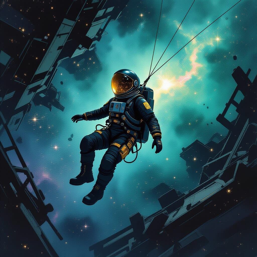 Astronaut's Serene Drift Among Space Wreckage