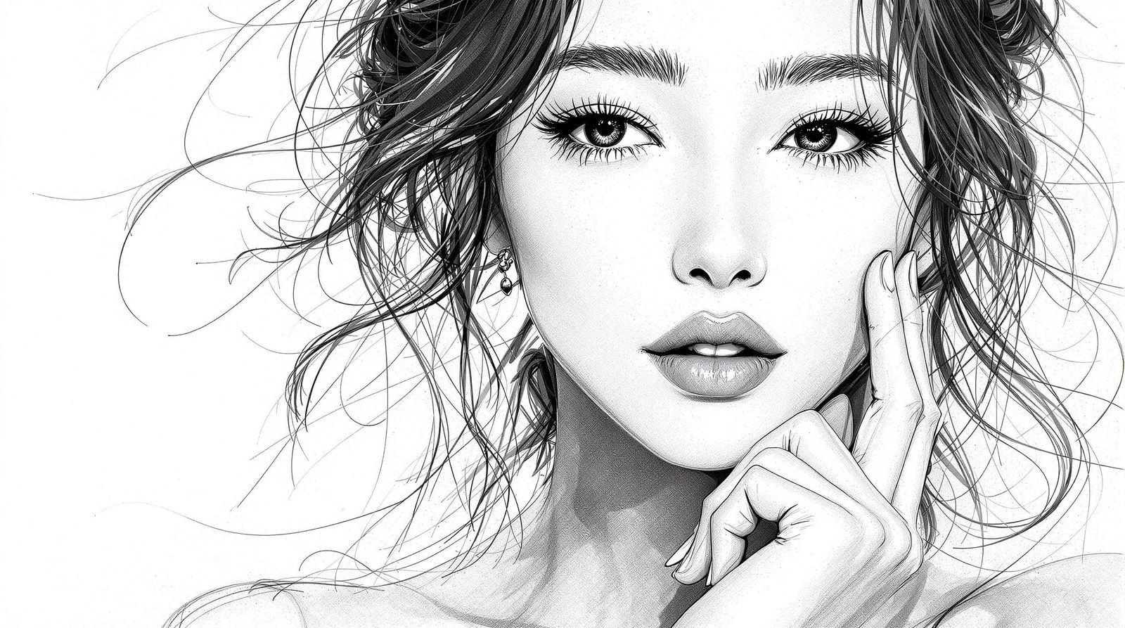 Elegant Korean Woman in Monochromatic Sketch
