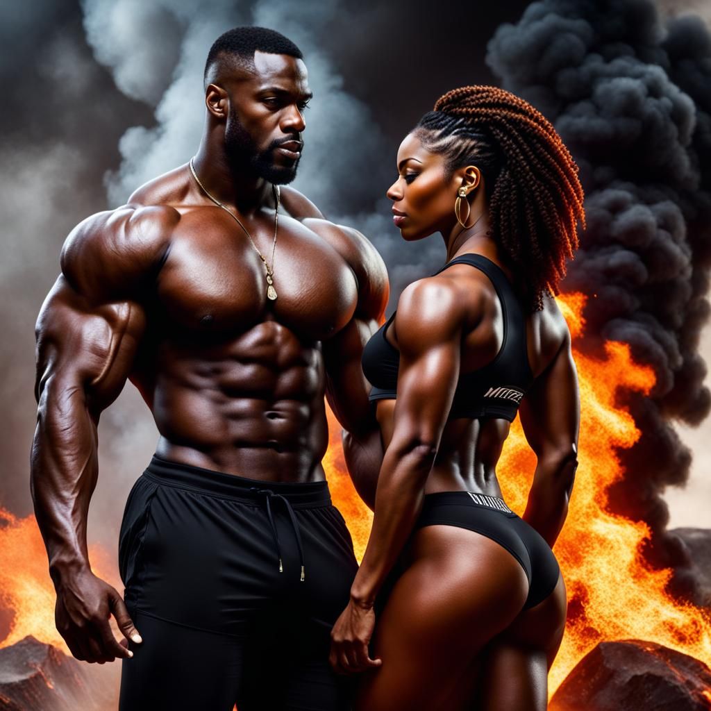 Sensual Black Couple Embracing in Inferno