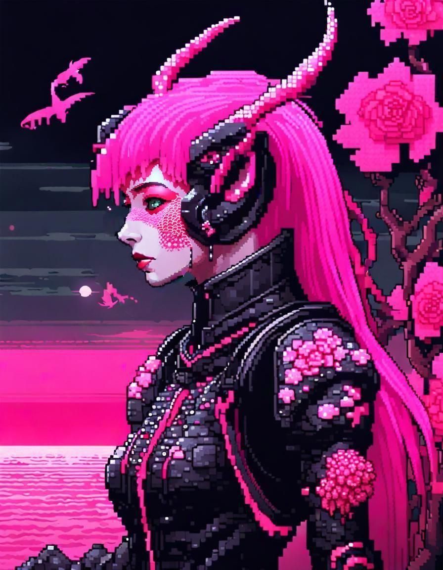 Pink Pixel Art Fantasy Lizard Goddess