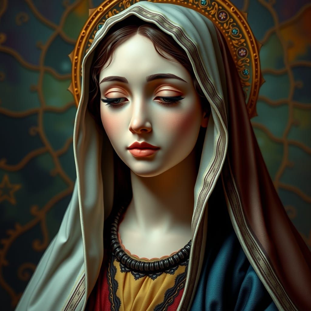 Gothic Virgin Mary Portrait in Vibrant Art Nouveau Style