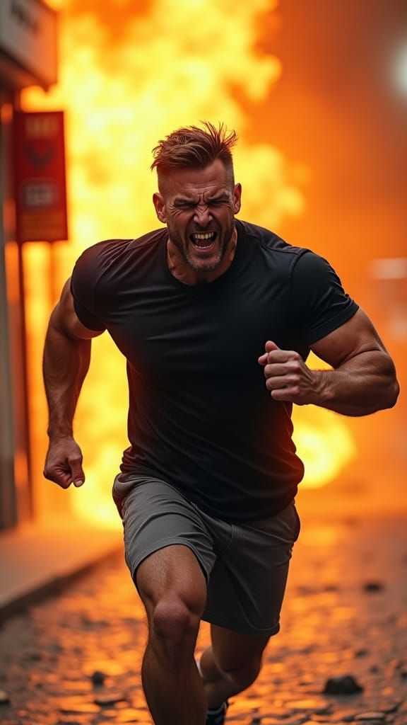 Muscular Man Fleeing Burning Bakery Store