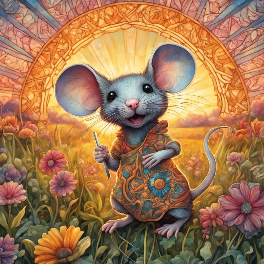 Whimsical Kaleidoscope Mouse in Sunset Field