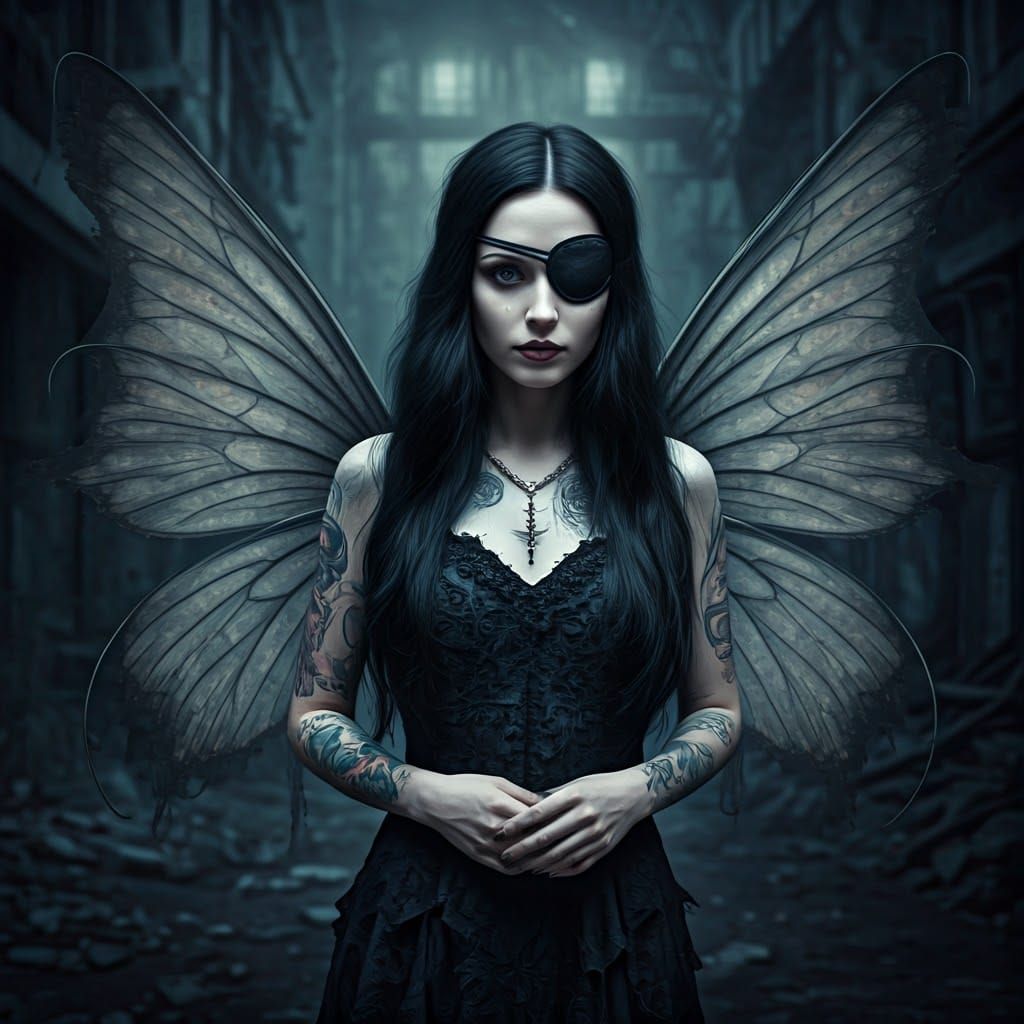 Gothic Fairy in Abandoned Cityscape