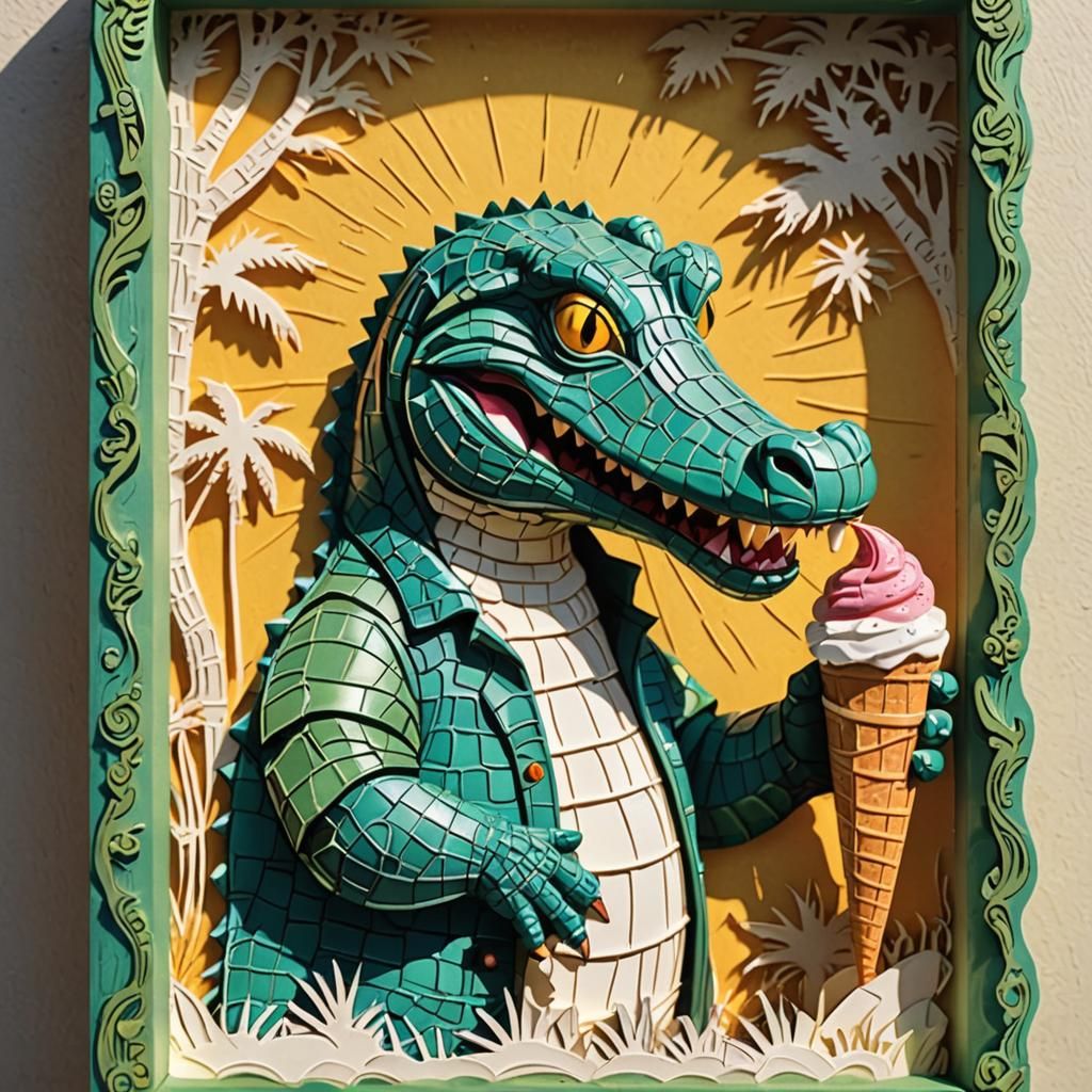 Surreal Alligator Savoring Sunshine in Intricate Shadowbox