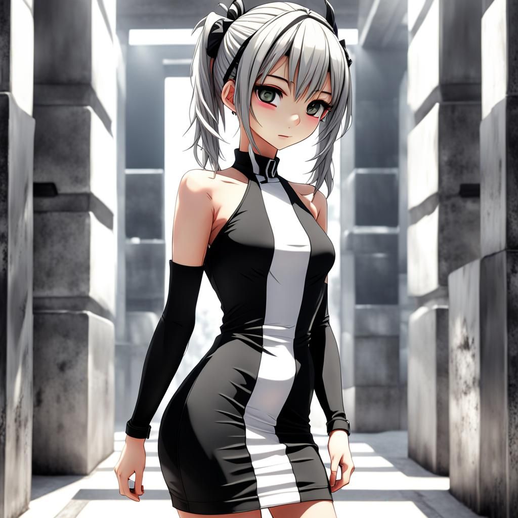Sultry Anime Goddess in Striped Bodycon Dress