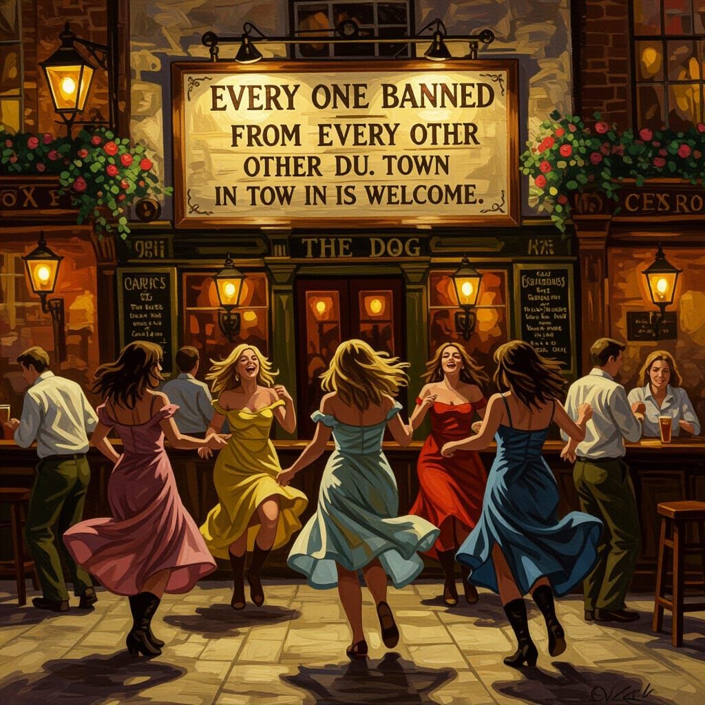 Humorous Old English Pub Scene with Dancing Women